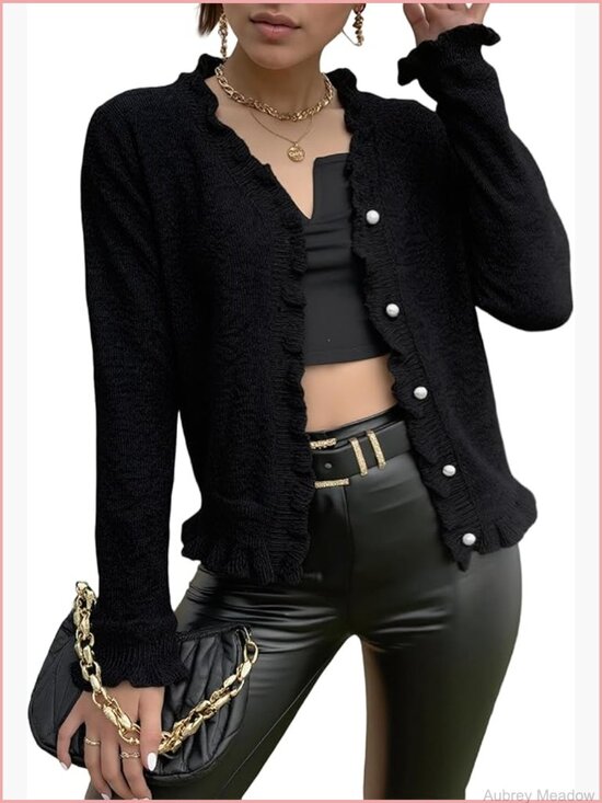 Sweaters - V Neck Button Up Cropped Cardigan Sweater Long Sleeve Ruffle Hem Knit Top